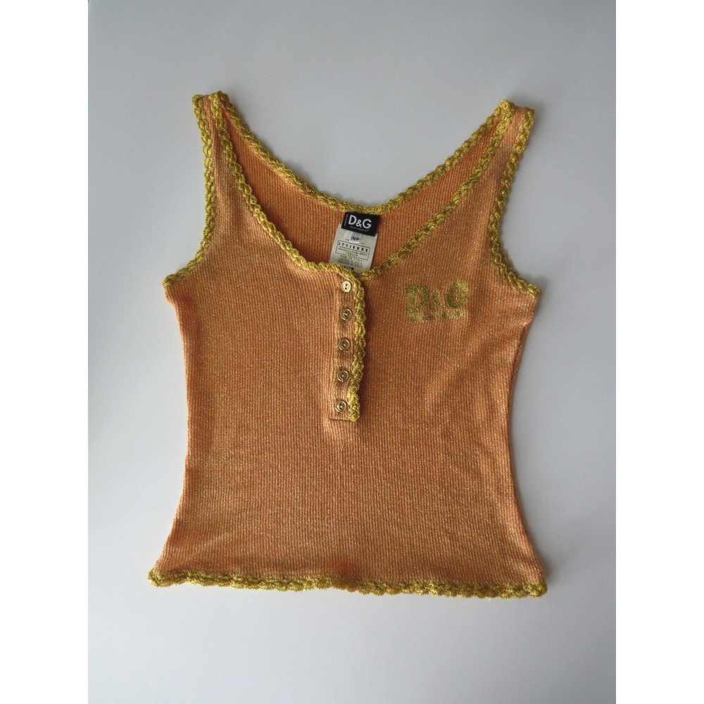 Vintage D&G Dolce Gabbana Orange Gold Sparkle Button-Up Tank Top 2000s Italy